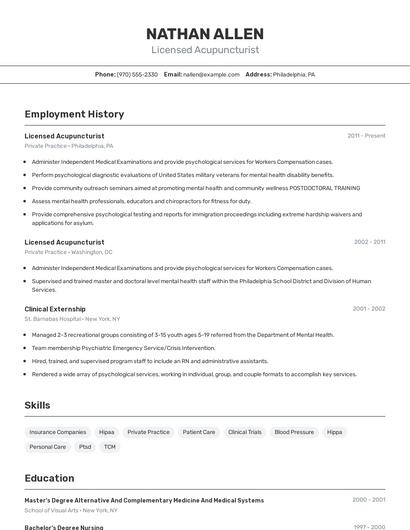 Licensed Acupuncturist Resume