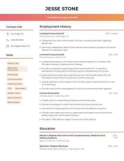 Licensed Acupuncturist Resume