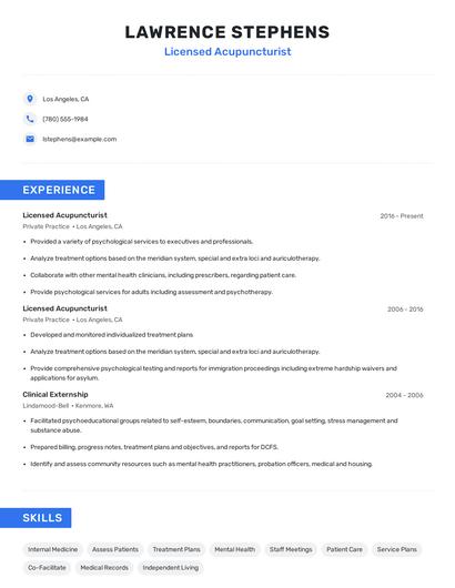 Licensed Acupuncturist Resume
