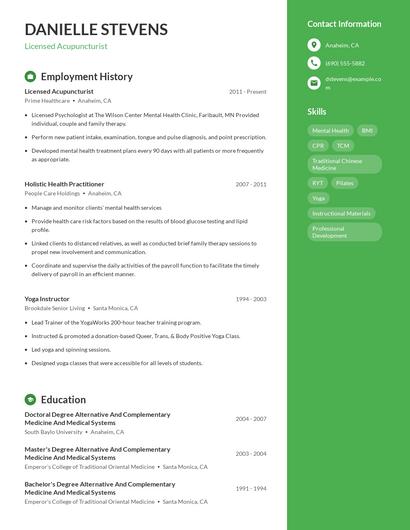Licensed Acupuncturist Resume