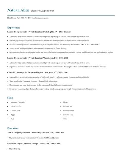 Licensed Acupuncturist Resume