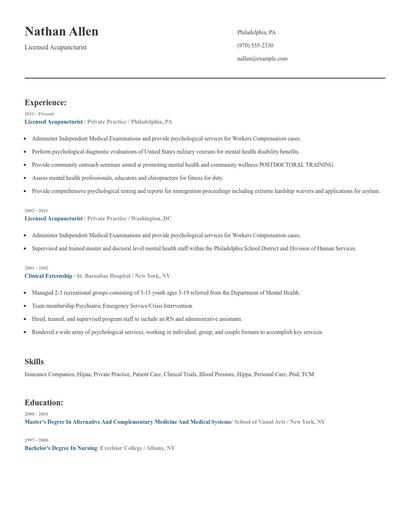 Licensed Acupuncturist Resume