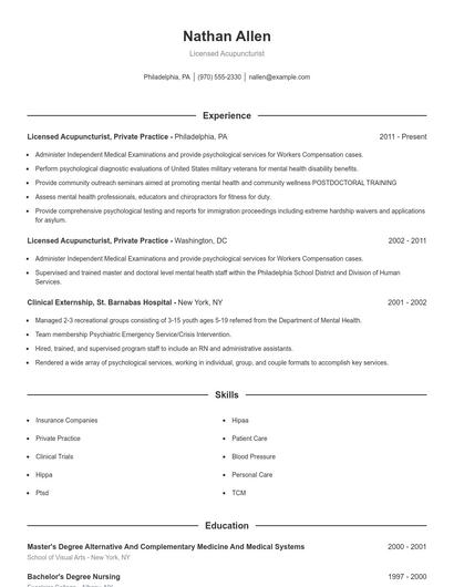 Licensed Acupuncturist Resume