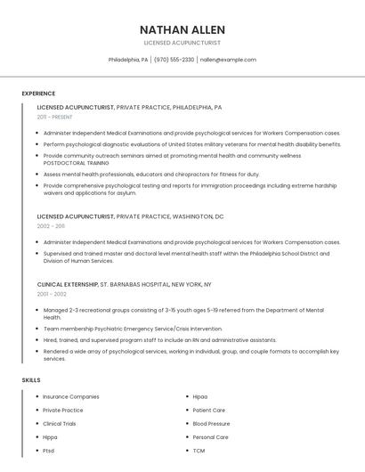 Licensed Acupuncturist Resume