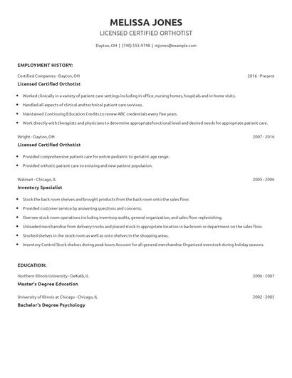 Licensed Certified Orthotist Resume