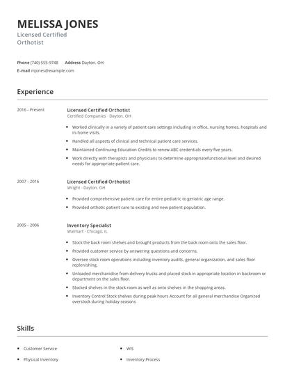 Licensed Certified Orthotist Resume