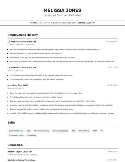 Licensed Certified Orthotist Resume