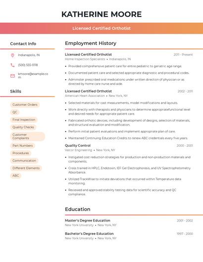 Licensed Certified Orthotist Resume