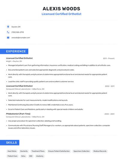 Licensed Certified Orthotist Resume