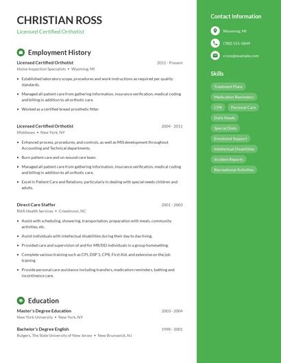 Licensed Certified Orthotist Resume