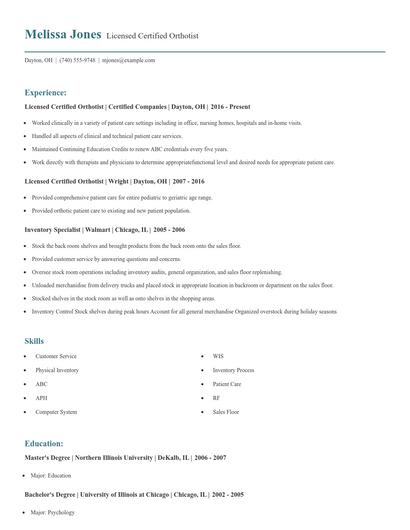 Licensed Certified Orthotist Resume