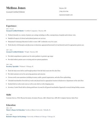 Licensed Certified Orthotist Resume