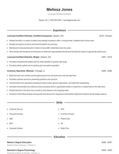 Licensed Certified Orthotist Resume