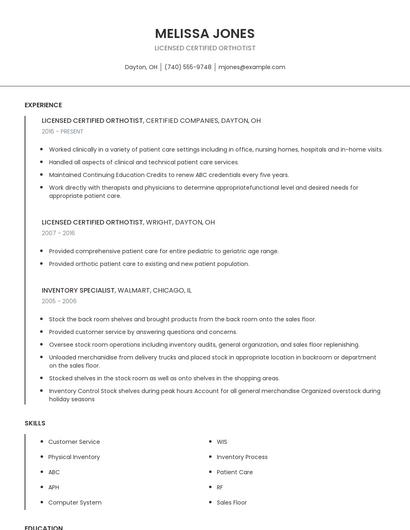 Licensed Certified Orthotist Resume