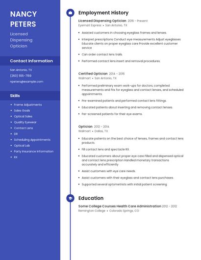 Licensed Dispensing Optician Resume