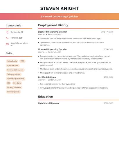 Licensed Dispensing Optician Resume