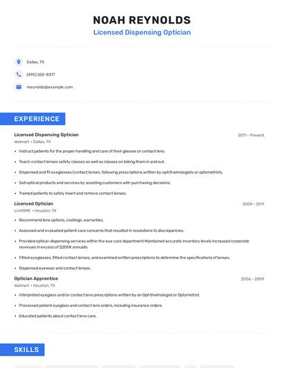 Licensed Dispensing Optician Resume