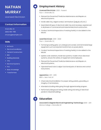 Licensed Electrician Resume
