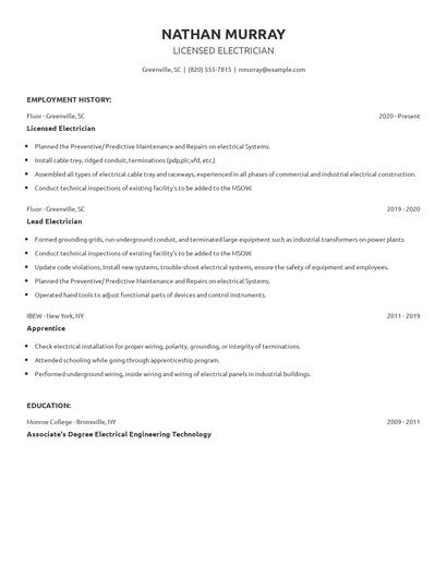 Licensed Electrician Resume