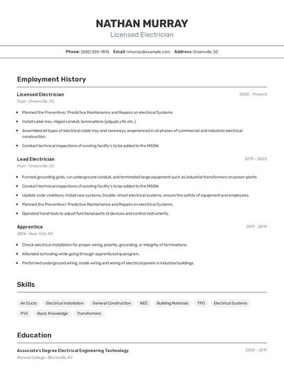 Licensed Electrician Resume