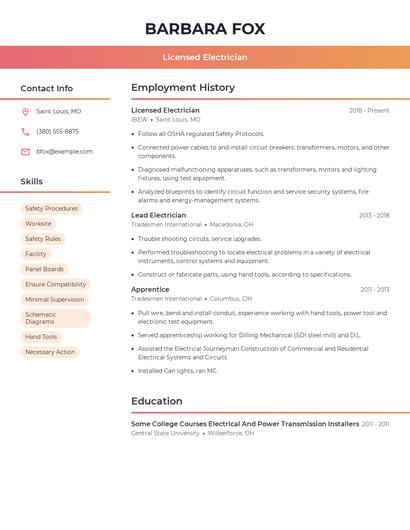 Licensed Electrician Resume