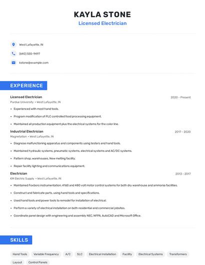 Licensed Electrician Resume