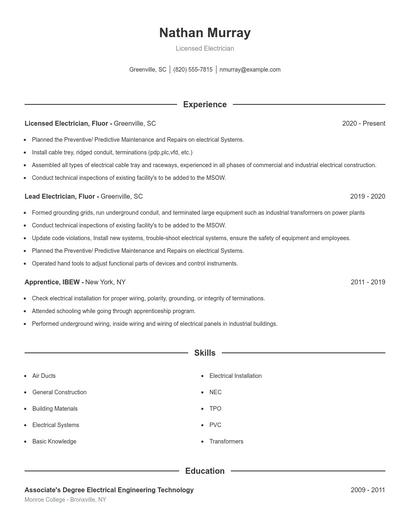Licensed Electrician Resume