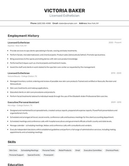 Licensed Esthetician Resume