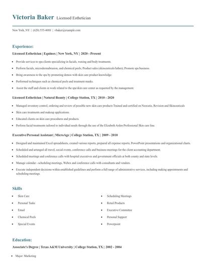 Licensed Esthetician Resume