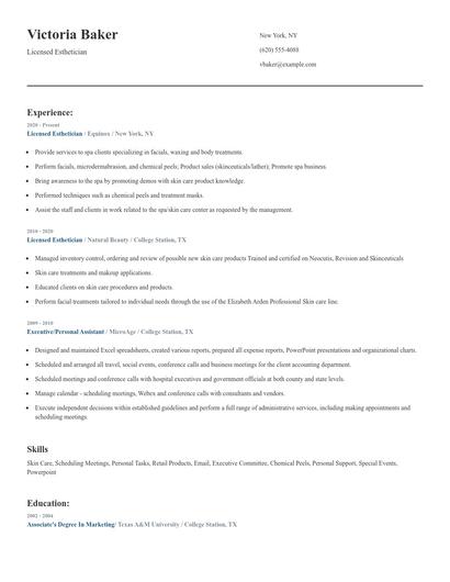 Licensed Esthetician Resume