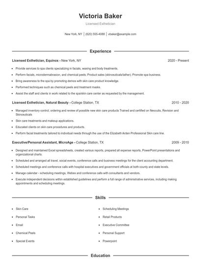 Licensed Esthetician Resume