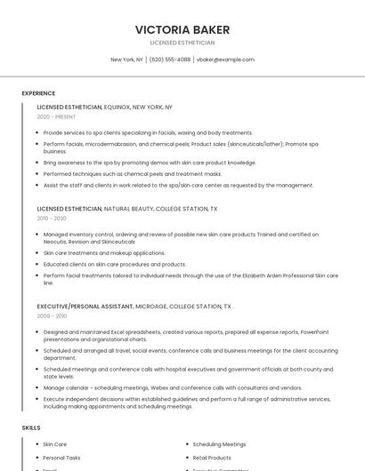 Licensed Esthetician Resume