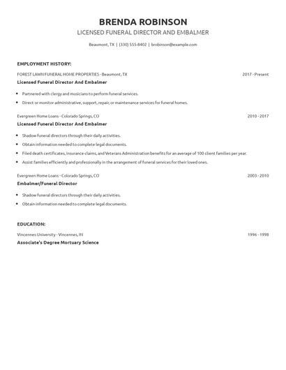 Licensed Funeral Director And Embalmer Resume