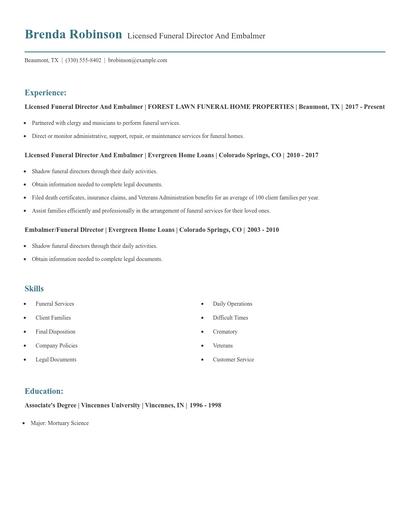 Licensed Funeral Director And Embalmer Resume
