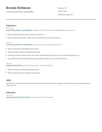 Licensed Funeral Director And Embalmer Resume