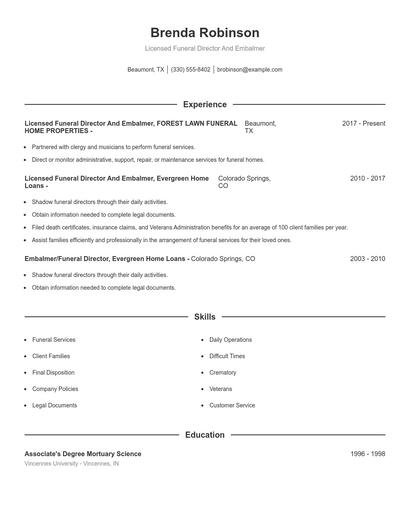 Licensed Funeral Director And Embalmer Resume