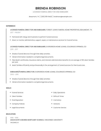 Licensed Funeral Director And Embalmer Resume