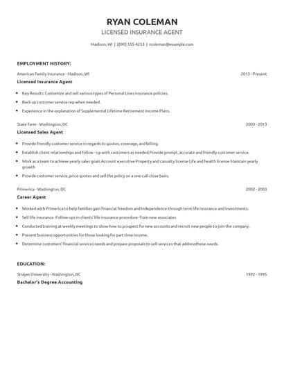 Licensed Insurance Agent Resume