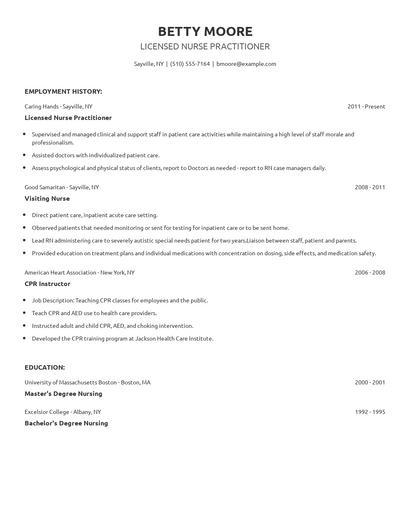 Licensed Nurse Practitioner Resume