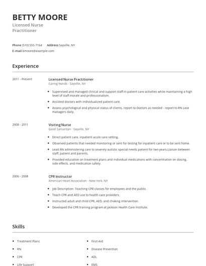 Licensed Nurse Practitioner Resume