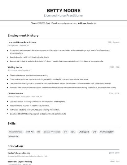 Licensed Nurse Practitioner Resume