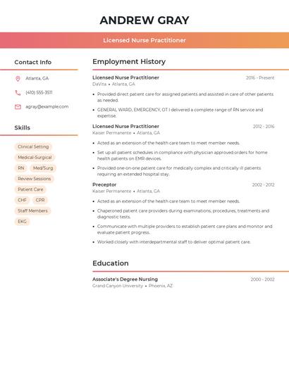 Licensed Nurse Practitioner Resume