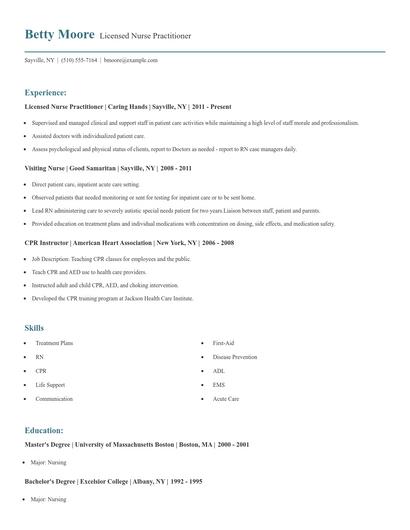Licensed Nurse Practitioner Resume