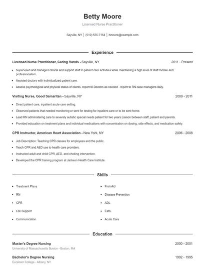 Licensed Nurse Practitioner Resume