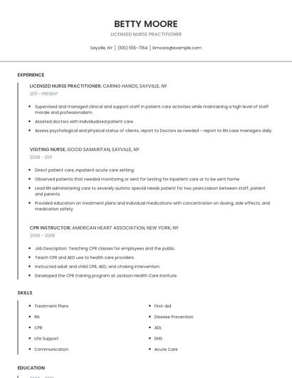 Licensed Nurse Practitioner Resume