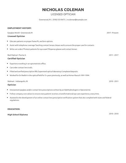 Licensed Optician Resume