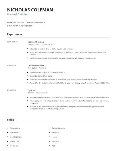 Licensed Optician Resume