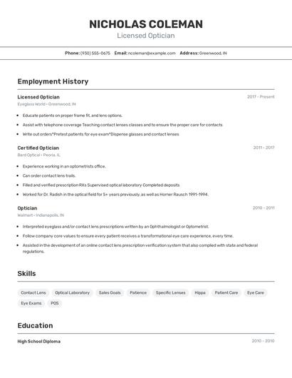 Licensed Optician Resume
