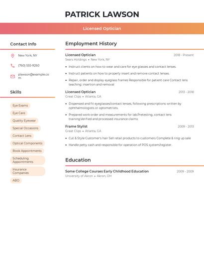 Licensed Optician Resume