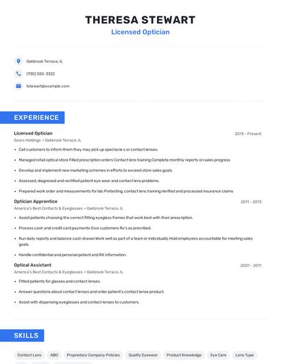 Licensed Optician Resume
